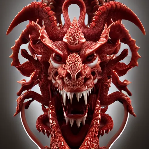 Prompt: a closeup portrait photo, alabaster and ruby real delicate ceramic porcelain sculpture of an ornate detailed humanoid dragon demon devil god in front of an intricate background by rafael, micro detail, backlit lighting, subsurface scattering, translucent, thin porcelain, fire, flames, amber, octane renderer, colorful, physically based rendering, trending on cgsociety