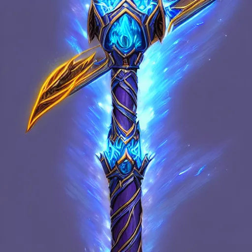 Image similar to bright weapon of warcraft blizzard wizard staff art, a spiral magical wizard staff. bright art masterpiece artstation. 8k, sharp high quality illustration in style of Jose Daniel Cabrera Pena and Leonid Kozienko, blue colored theme, concept art by Tooth Wu,