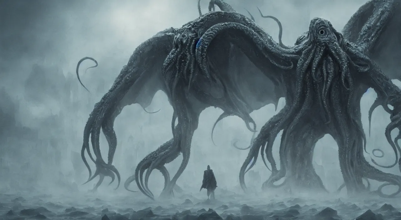 Prompt: cthulhu emerging from a thick fog in the center of a metropolitan city, large scale, breathtaking, mixed media, digital art, trending on artstation, 8k, epic composition, highly detailed, AAA graphics