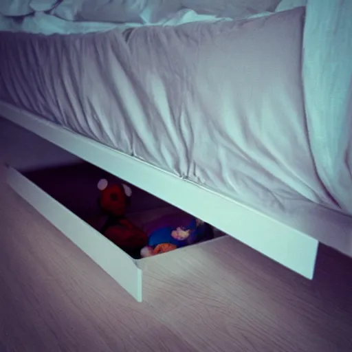 Image similar to “ a terrifying monster hiding under a bed, realistic photo, 8 k, ambient lighting ”