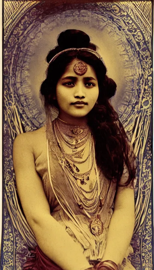 Image similar to vintage portrait photo of a beautiful beautifully lit nepalese Victorian woman by alphonse mucha