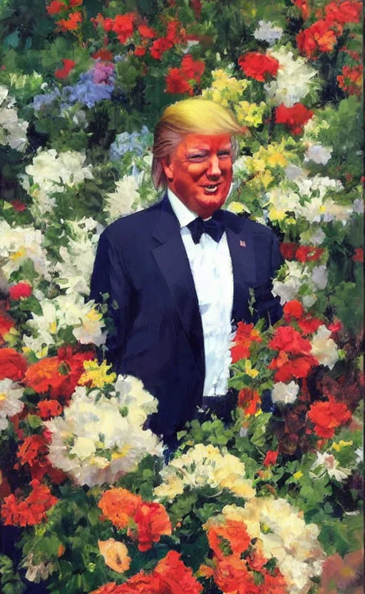 Image similar to romantic portrait of donald trump in an elegant dress surrounded by beautiful flowers, by gregory manchess, james gurney, james jean