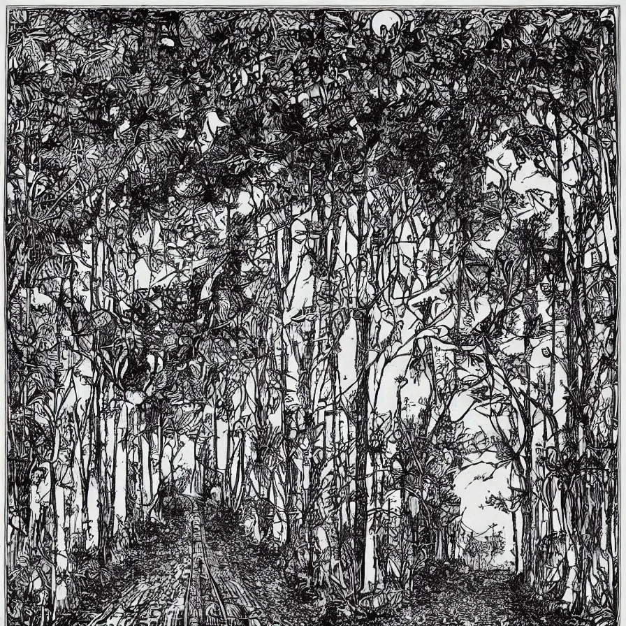 Prompt: highway to the sun as an etching, video game, cavern forests, monochrome