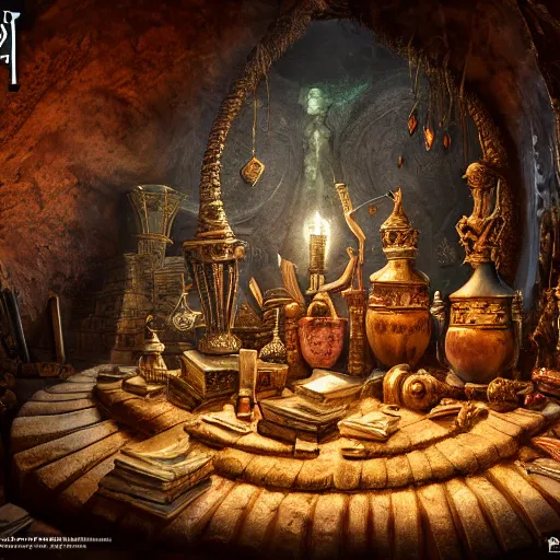 Image similar to epic view of an ancient dark byzantine cave interior, ornate oil lamp on a pile of crystals, books covered in jewels, ornate, surrounded by strange statues and treasure, full of sand and glitter, hyper real, Indiana Jones, Tomb Raider, trending on artstation, concept art, cinematic, jewels, hyperrealistic