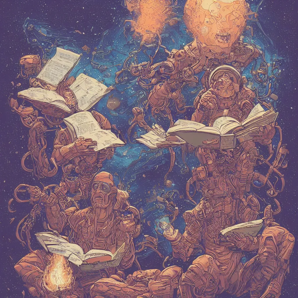 Image similar to A cosmic being reading books containing knowledge of the universe by Laurie Greasley and Justin Gerard