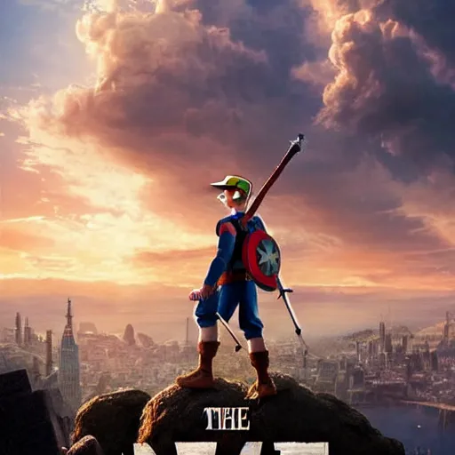 Prompt: Link The movie,live action,played by Tom Holland, blonde hair,standing on top of a rock looking a a decimated city,detailed 8k,in the style of a movie poster,close up,by rossdraws and greg rutkowski
