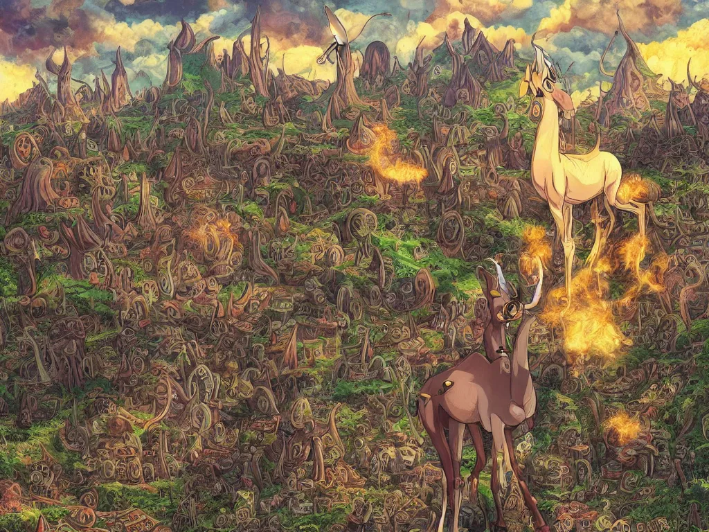 Prompt: A centered chest up portrait of a psychedelic demonic anthropomorphic mule smoking a hand-rolled cigarette smoking heavily , magic mushroom village in background , award winning. superb resolution. in the art style of junji Ito and greg rutkowski . Mule, Mule. Detailed Mushroom city in background. Hyper realistic anime. Perfect art. Dalle2