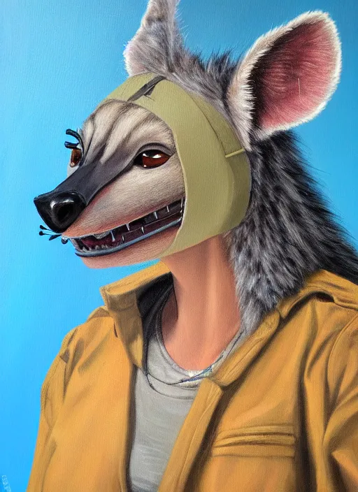 Image similar to oil painting detailed full body of anthromorphic female hyena, in style of zootopia, zootopia, zootopia, fursona, furry, furaffinity, 4 k, deviantart, furry art, fursona art, wearing business suit, in style of zootopia, hyena fursona, cyberpunk, female, expressive, detailed feminine face,