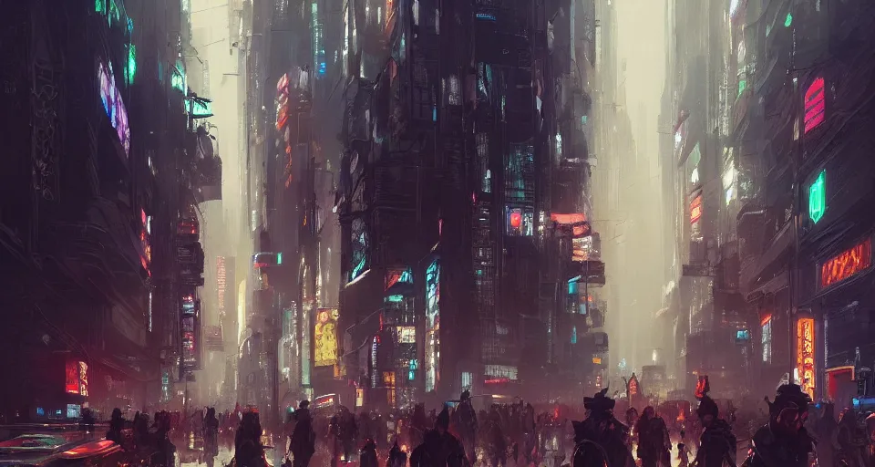 Image similar to very detailed masterpiece painting of a busy cyberpunk city street, portrait, artstation, concept art by greg rutkowski