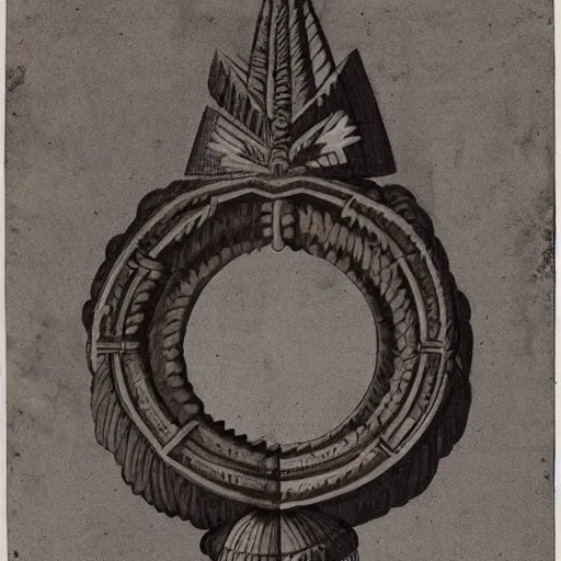 Prompt: an ethnographic object from an unknown indigenous tribe, in the style of corinthian capital by giocondo albertolli ( italian 1 7 4 2 - 1 8 3 9 ). medium : pen and brown ink, brush and gray wash on laid paper