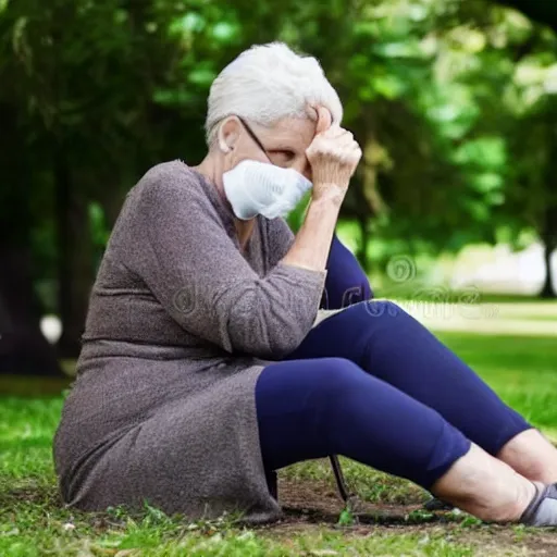 Image similar to an older woman sitting in a park wearing a thin translucent oxygen line under her nose, 4 k, stock photo