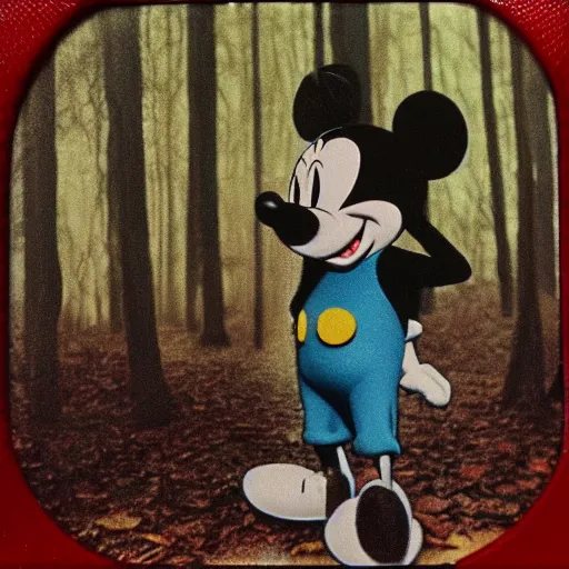 Image similar to Mikey mouse in the woods creepy scary Captured on a Polaroid 4k detail