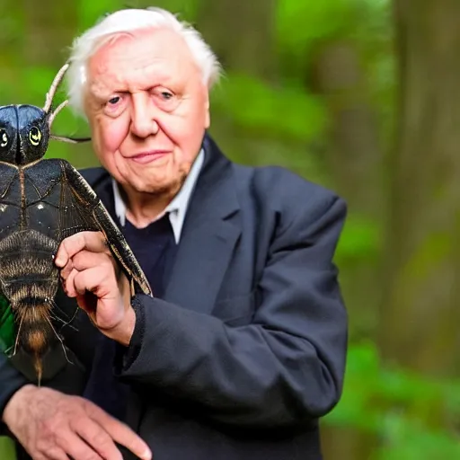 Image similar to Sir David Attenborough holding a small black Mothman with glowing red eyes