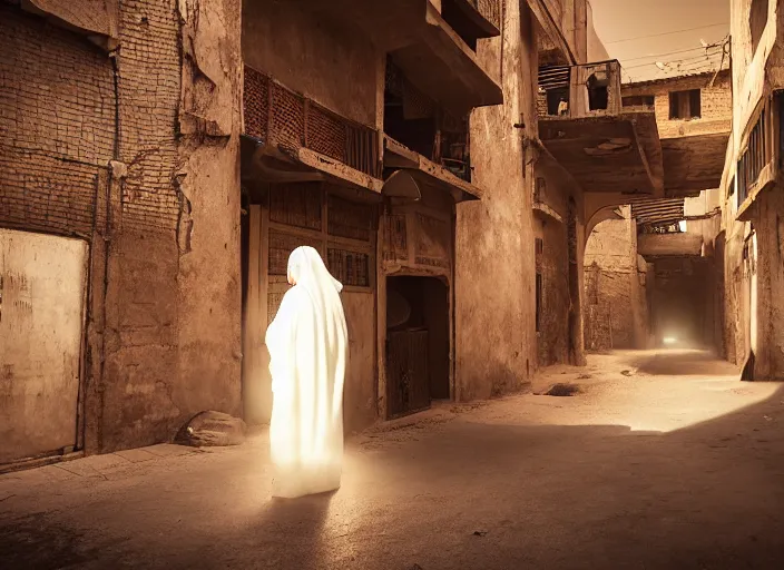 Image similar to old jeddah city alley, roshan, old shops, horse, magical glowing sand gateway to another dimension, several robots! and a man wearing a white robe standing watching over, dramatic lighting, dawn, by caspar david friedrich, unreal engine 5