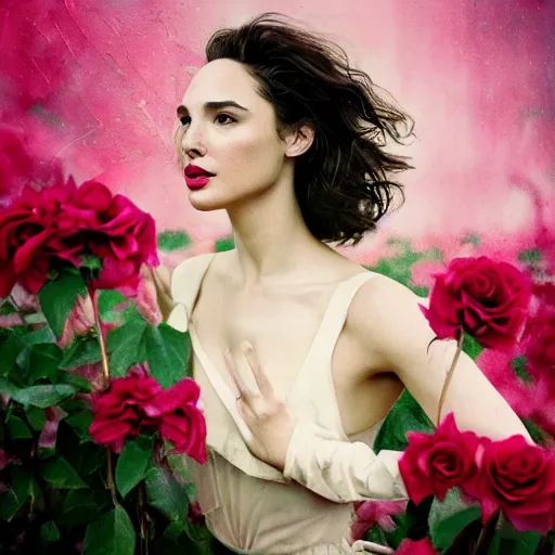 Prompt: fine art photo of the beauty gal gadot, she is merging from pink roses, taken by oleg oprisco