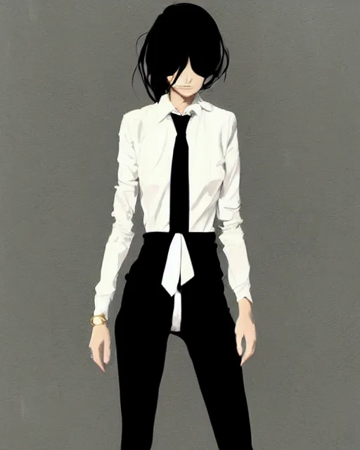 Image similar to a ultradetailed beautiful panting of a stylish woman, she is wearing a white shirt with a tie and black pants, by conrad roset, greg rutkowski and makoto shinkai trending on artstation