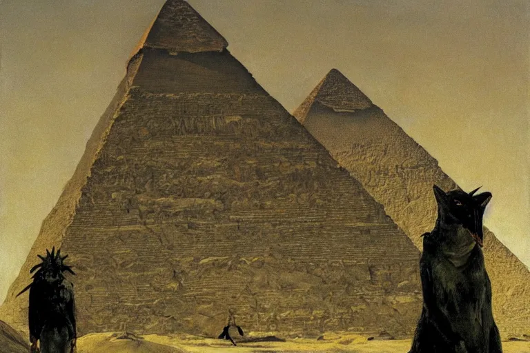 Image similar to andrew wyeth painting of king ghidorah standing between the pyramids in egypt,