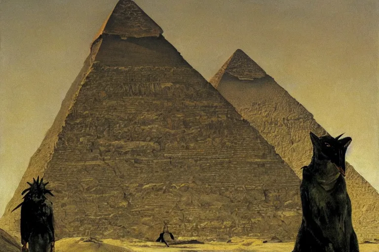 Prompt: andrew wyeth painting of king ghidorah standing between the pyramids in egypt,