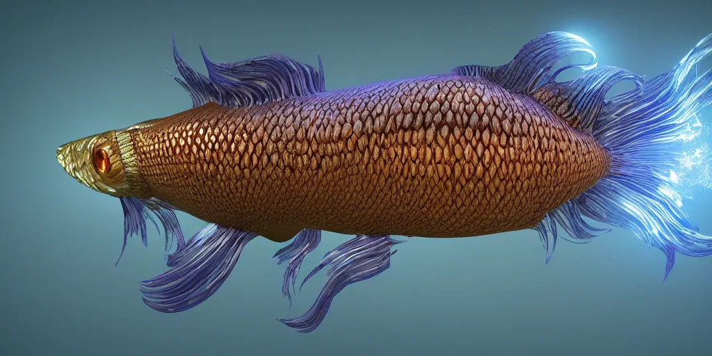 Image similar to goldfish, stylized layered textures, long flowing fins, bioluminescent orbs, 3 d render, substance painter, glowing eye, smooth, sharp focus, art by h r giger