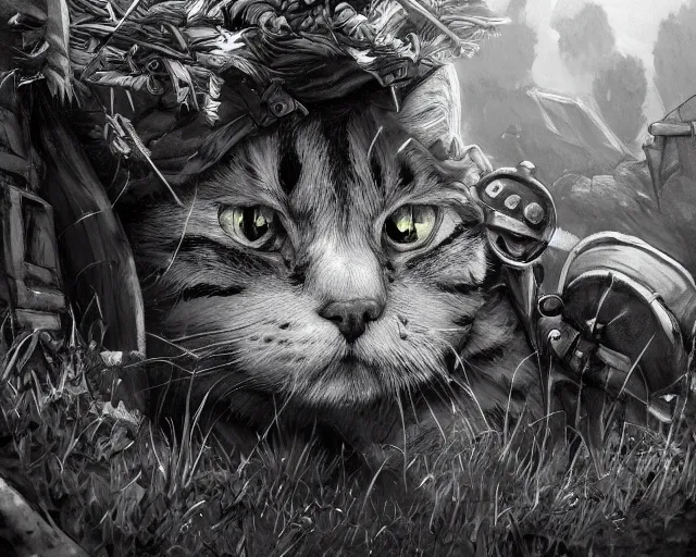 Image similar to A soldier cat in a world war 1 trench, close-up, black and white, amazing digital art, hyper detailed, artstation, in the style of Tony Sart