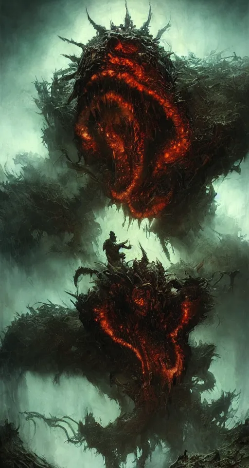 Prompt: a lovecraftian monster descending upon the island of souls, intense fiery eyes, spiky rows of teeth, dramatic lighting, cinematic, ultra detail, masterpiece by craig mullins, ruan jia, beksinski, caravaggio, jakub rebelka, android jones