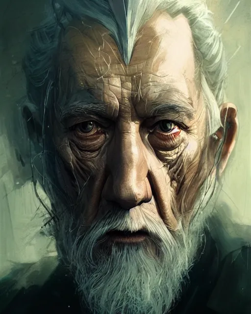 Image similar to gandalf with facial cybernetic enhancements, android, detailed face, scifi character portrait by greg rutkowski, esuthio, craig mullins, 1 / 4 headshot, cinematic lighting, dystopian scifi gear, gloomy, profile picture, mechanical, half robot, implants, steampunk