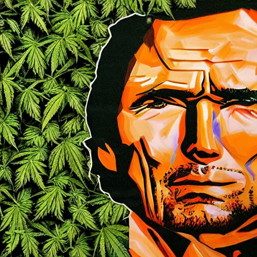 Image similar to clint eastwood portrait made of cannabis leaves