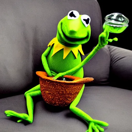 Image similar to candid photo of kermit the frog sitting on the couch holding a bong, kermit the frog in ted ( 2 0 1 2 ) bong rip, kermit the frog, high resolution photo, trending on artstation, interior design, bong!!!!,