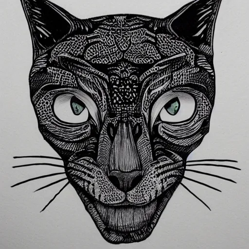 Image similar to cat skull outline, black ink on white paper