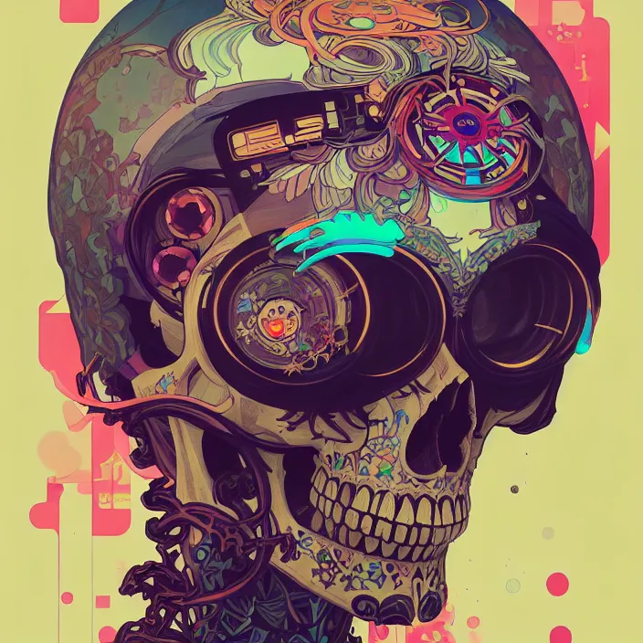 Prompt: a beautiful painting of a ( cyberpunk ) skull by sachin teng and pascal blanche and alphonse mucha and nekro and josan gonzalez. in style of digital art. colorful comic, film noirs, symmetry, brush stroke, vibrating colors, hyper detailed. octane render. trending on artstation