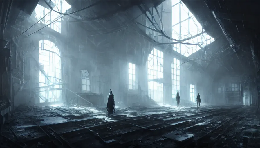 Image similar to high tech nomands exploring abandoned laboratory on splitzbergen, artic station, frostpunk, scifi, dark scifi, space horror, light, shadows, reflections, steam, epic composition, intricate, elegant, volumetric lighting, digital painting, highly detailed, artstation, sharp focus, illustration, concept art, ruan jia, steve mccurry