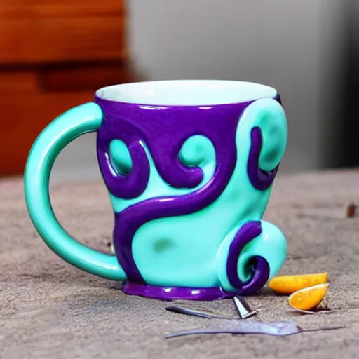 Image similar to a ceramic octopus sculpture mug, creative, beautiful, award winning design, functional, colorful