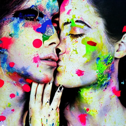 Image similar to double exposure of two women kissing ( closeup ) and a bizarre painting, lomography. this photograph is subsequently printed out and splattered with paint. mixed media collage art with magazines and found art