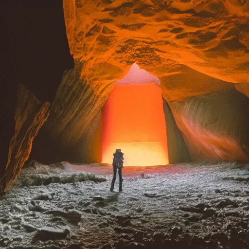Prompt: photo of building and a giant orange glowing transparent humanoid of one thousand feet of height inside a cave