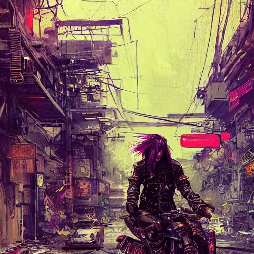 Image similar to portrait painting of a street samurai with long purple hair riding a motorcycle through a burning cyberpunk slum, glitch, concept art, intricate details, eerie, highly detailed, art by tsutomu nihei