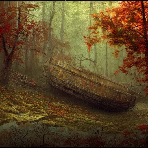 Image similar to an old big shipwreck in an autumn forest, green and red tones, by Aron Wiesenfeld and beksincki, cinematic, detailed illustration, nature, fog, dark colors, suspense, intricate, 8k