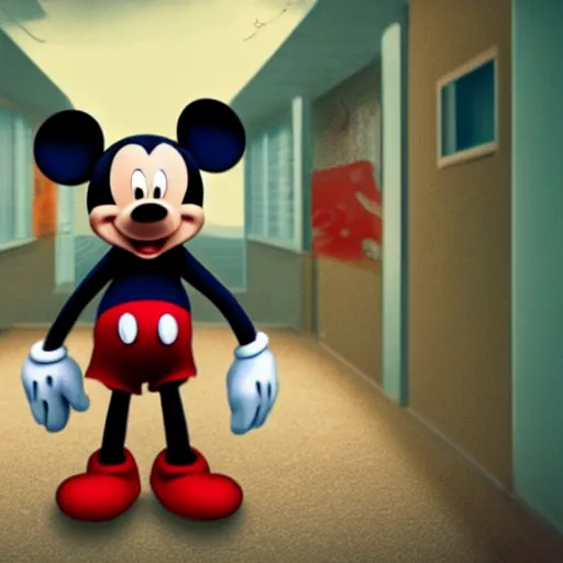 Prompt: Mickey Mouse coming to collect a debt, screenshot from a horror movie