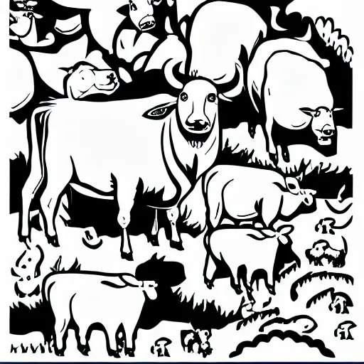 Prompt: belzebub, cow, pig, sheep, chicken, white on black vector ink drawing