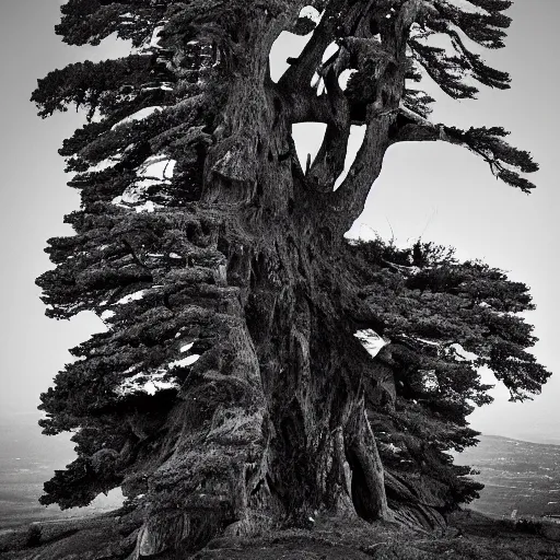 Image similar to photograph of cedar of lebanon resembling masculine strong man, ultra detailed, DSLR photography, high contrast.