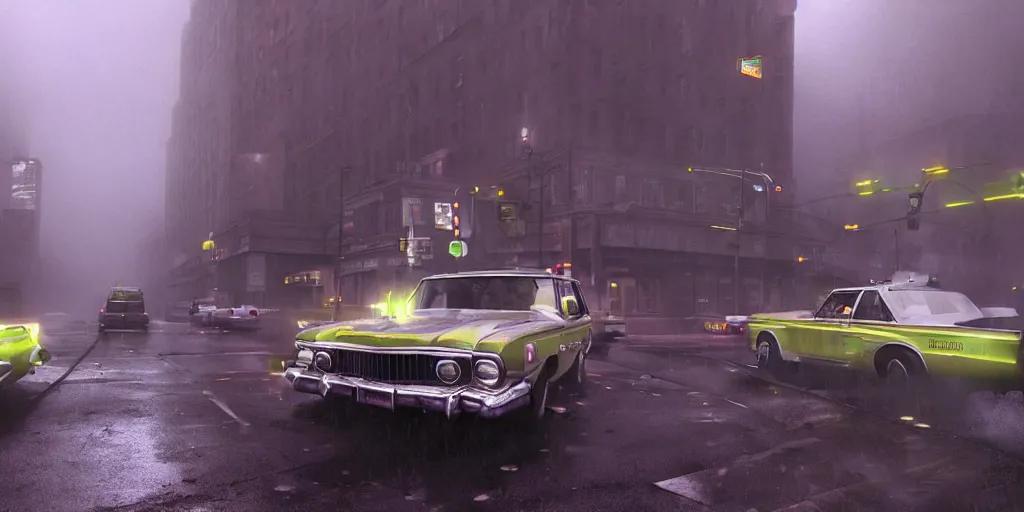 Image similar to parked Ecto-1 from Ghostbusters, fog, rain, volumetric lighting, beautiful, golden hour, sharp focus, ultra detailed, cgsociety