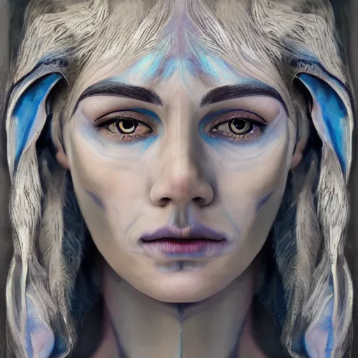 Prompt: Intricate five star Ice Elf facial portrait by Pablo Picasso, oil on canvas, Skin texture, hyperrealism, high detail, matte finish, high contrast, 3d depth, masterpiece, vivid colors, artstationhd