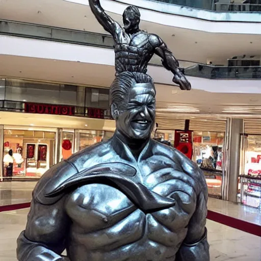 Prompt: heroic steel statue of Donald Trump saving the worl, in a mall