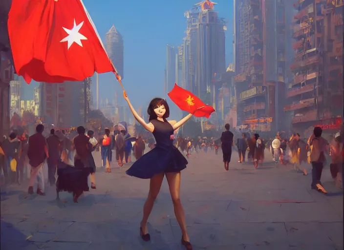 Prompt: gorgeous inspiring girl enthusiastically waving a red flag over her head walking with celebrating crowd in a Mandelbrot fractal bustling modern Beijing by Craig Mullins, ilya kuvshinov, krenz cushart, artgerm trending on artstation by Edward Hopper and Dan Mumford and WLOP and Rutkovsky, Unreal Engine 5, Lumen, Nanite