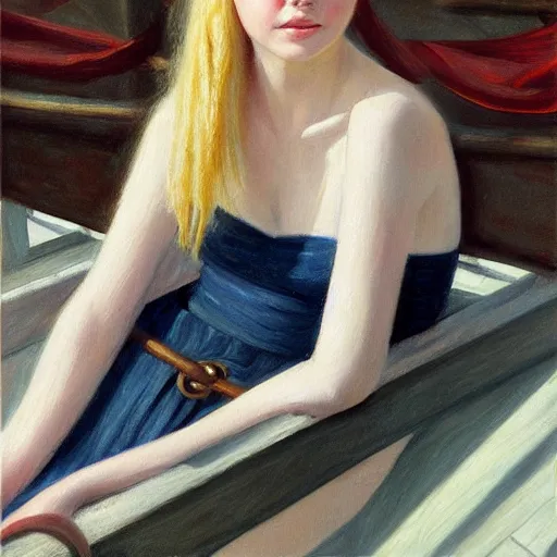 Image similar to Painting of Elle Fanning on a pirate ship, long blonde hair, delicate, pale milky white porcelain skin, by Edward Hopper. 8K. Extremely detailed.