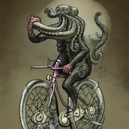 Image similar to cthulu riding a bicycle, realistic,