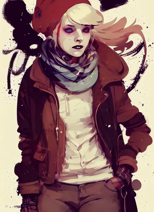 Image similar to highly detailed portrait of a sewer punk lady student, beanie, tartan scarf, wavy blonde hair by atey ghailan, by greg rutkowski, by greg tocchini, by james gilleard, by joe fenton, by kaethe butcher, gradient red, black, brown and cream color scheme, grunge aesthetic!!! white graffiti tag wall background