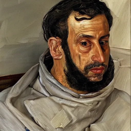 Image similar to high quality high detail painting by lucian freud, hd, portrait of rich arab guy