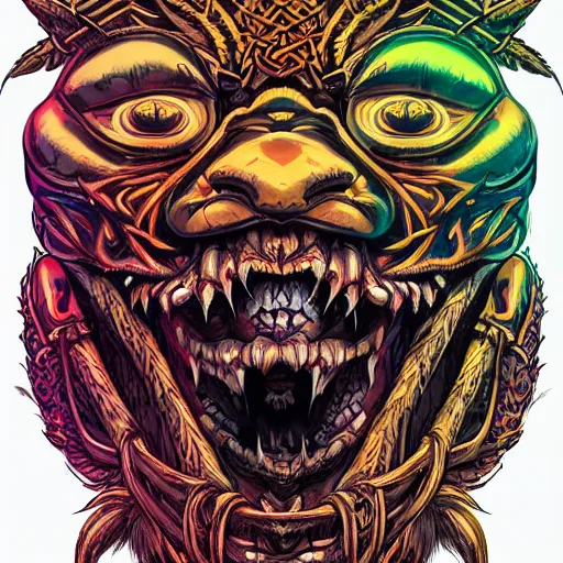 Image similar to barong family member, wiwek, bleeding fangs, crab claws, small horns, viking beard, mara demon, lizard tongue, one single tribe member, jungle, one single mask, dark neon sign lights, 8 0 s, ancient warrior, gorilla, tribals, art by dan mumford and justin gerard