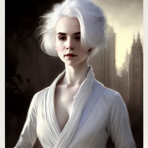 Image similar to white haired aristocrat, full body portrait, gentle, solemn face, cloth, female, city landscape, d & d, fantasy, intricate, elegant, digital painting, white grey color palette, artstation, octane render, concept art, matte, sharp focus, illustration, herrarthstone, art by artgerm and greg rutkowski and alphonse mucha