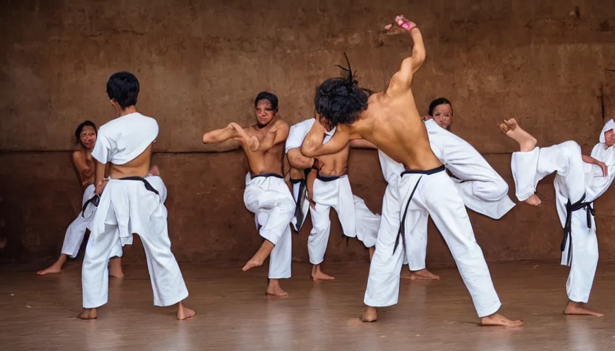 Image similar to capoeira roda in theatre museum dali, national geographic photography,